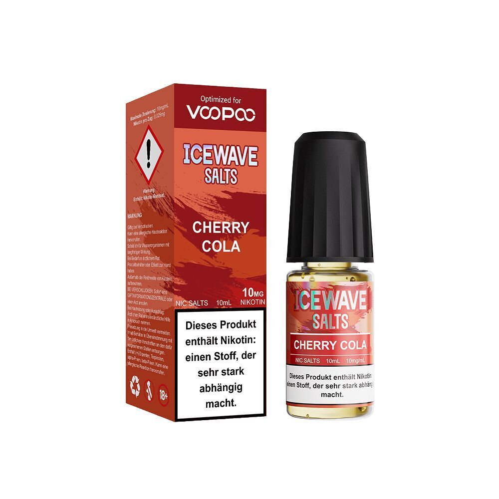 Icewave Nikotinsalz - Cherry Cola 10mg Icewave Nikotinsalz Cherry Cola 10mg Flasche und Verpackung, Hinweis auf Nikotingehalt und Abhängigkeit auf rotem Etikett sichtbar.