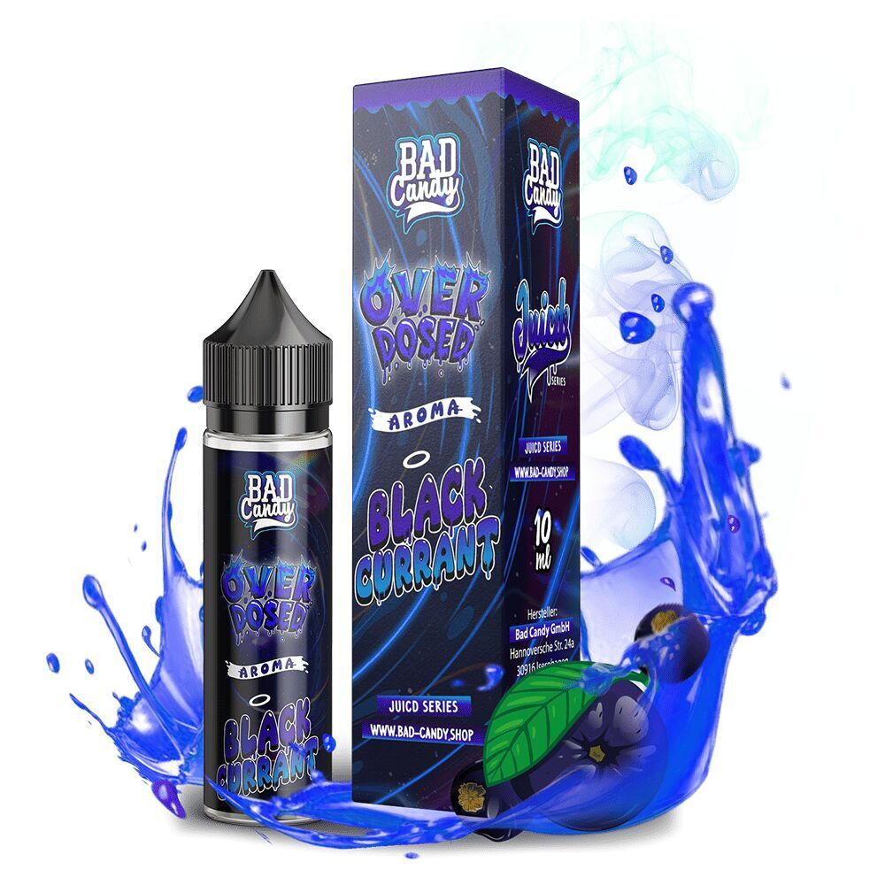 Aroma Blackcurrant Lemonade - Bad Candy Overdosed Flasche und Verpackung von Bad Candy Aroma Blackcurrant Lemonade Overdosed mit spritzigem Wasserhintergrund und Fruchtillustrationen