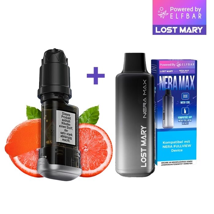 Lost Mary Nera Max 15K Pods - Pink Lemonade 20mg Lost Mary Nera Max 15K Pods in Pink Lemonade 20mg neben Grapefruit-Hälfte und Box, Plus-Zeichen in der Mitte, ELFBAR-Logo oben rechts