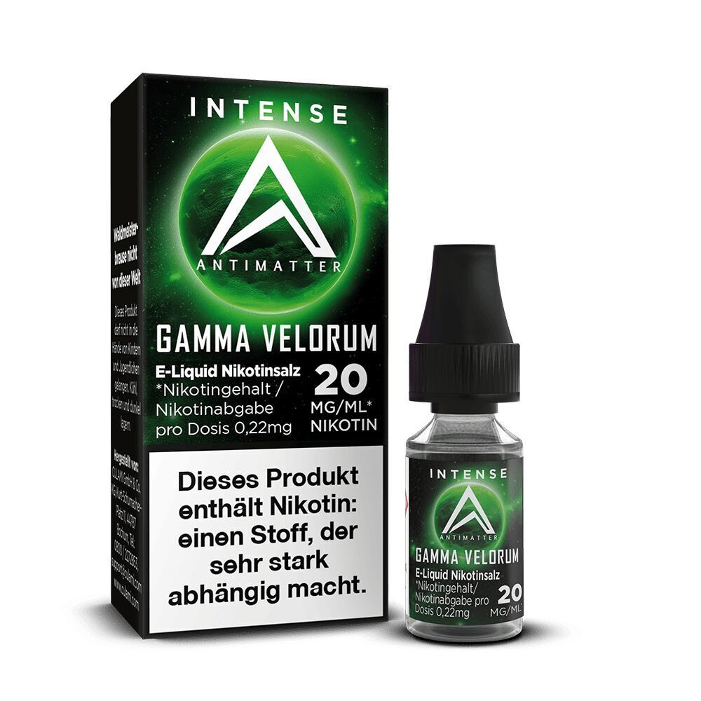 Antimatter Intense E-Liquid Nikotinsalz Gamma Velorum 20mg, grüne Verpackung mit Logo, Warnhinweis zu Nikotinabhängigkeit sichtbar.