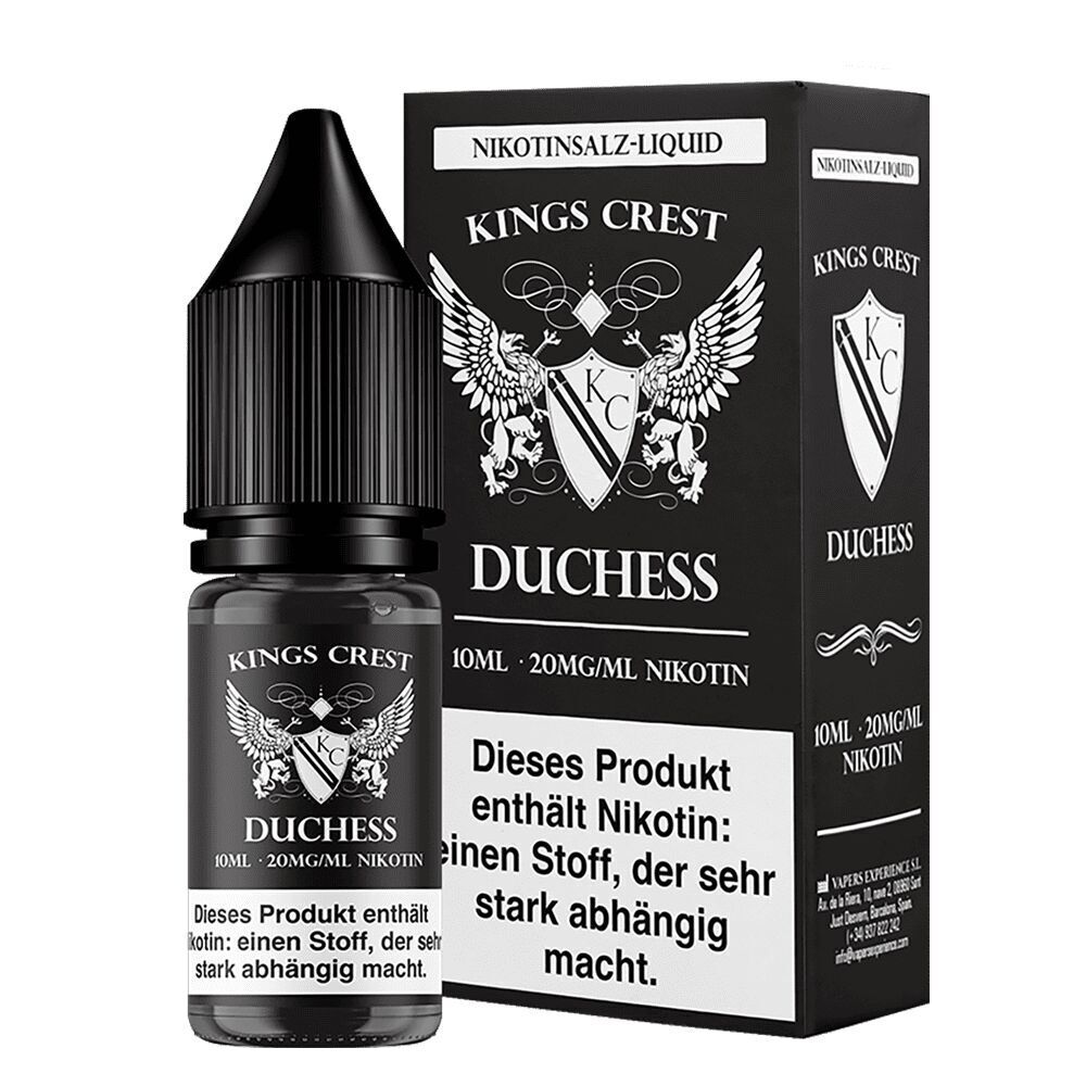 Kings Crest Nikotinsalz - Duchess 20mg Kings Crest Duchess Nikotinsalz-Liquid 10ml, schwarzes Fläschchen mit Etikett, Verpackung im Hintergrund mit Logo und Warnhinweis.