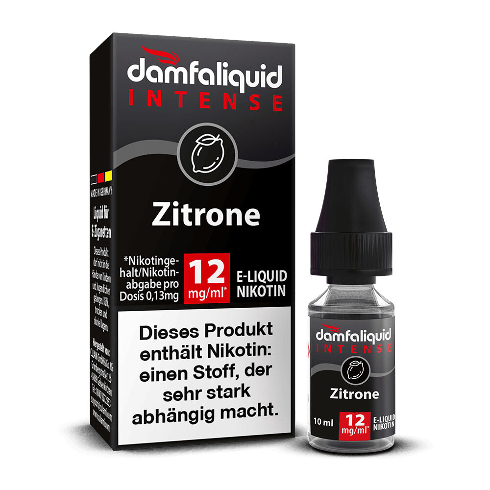 Damfaliquid Intense Liquid - Zitrone Schwarze Verpackung und Flasche von Damfaliquid Intense E-Liquid Zitrone, 12 mg Nikotin; Warnhinweis zu hohem Suchtpotenzial.