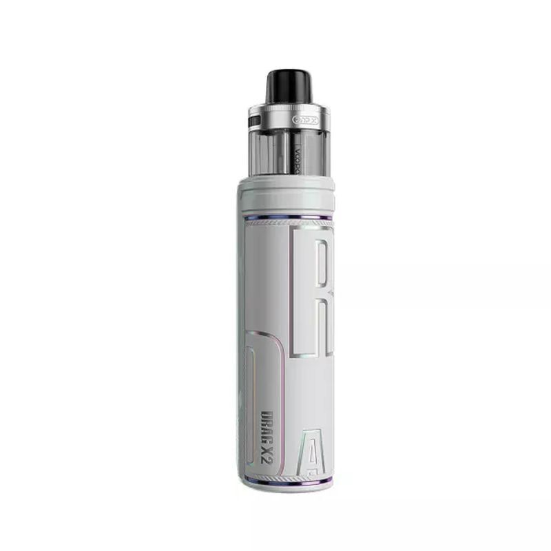 Voopoo Drag X2 Pod Kit in Pearl White mit großem, erhabenem Schriftzug „Drag“ und durchscheinendem Tankaufsatz.