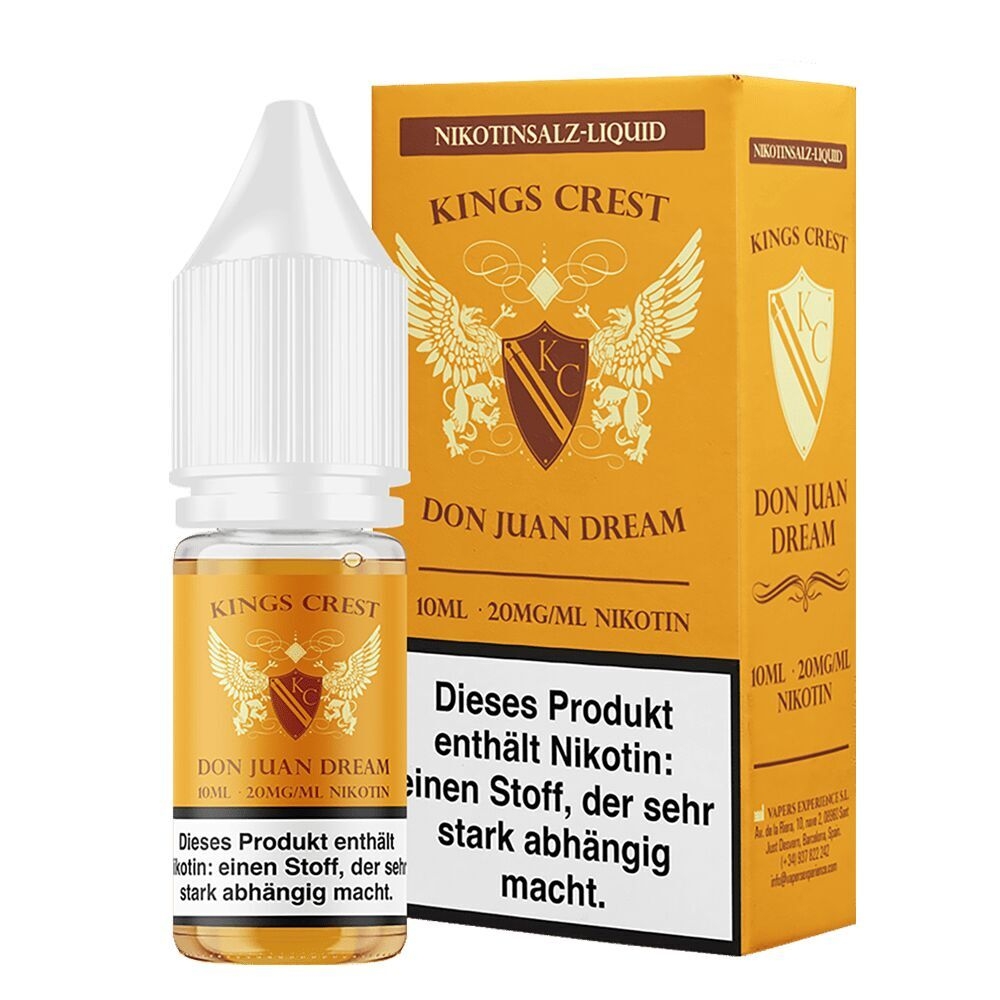 Kings Crest Nikotinsalz - Don Juan Dream 20mg Kings Crest Nikotinsalz Don Juan Dream 20mg in einer 10ml Flasche mit Verpackung, Hinweis auf Nikotinabhängigkeit sichtbar.