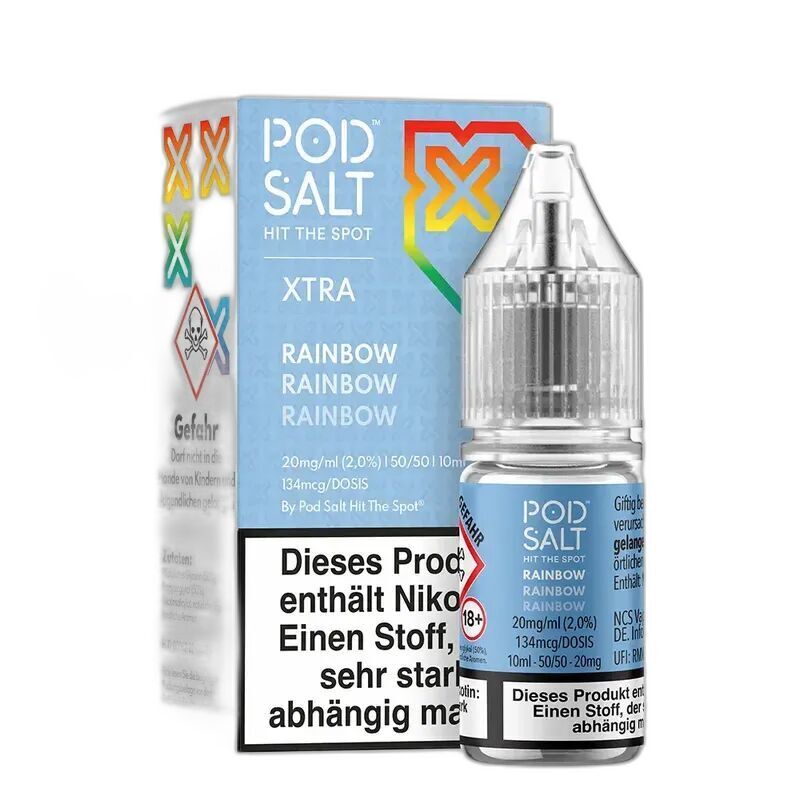Liquid Rainbow mit 20mg Nikotin von Pod Salt Xtra Pod Salt Xtra Nikotinsalz Rainbow 20mg Flasche neben Verpackung mit Warnhinweisen und Regenbogenmuster, 20mg/ml 10ml Inhalt