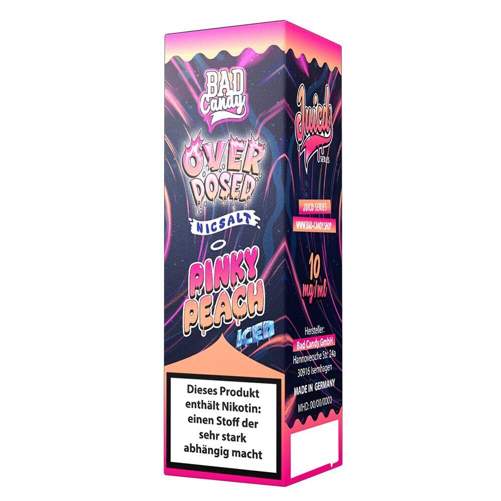 Liquid Pinky Peach Iced 20mg - Bad Candy Overdosed Verpackung des Nikotinsalzprodukts von Bad Candy, Overdosed Pinky Peach Iced, 10 mg/ml, mit Warnhinweis zu Nikotinsucht.