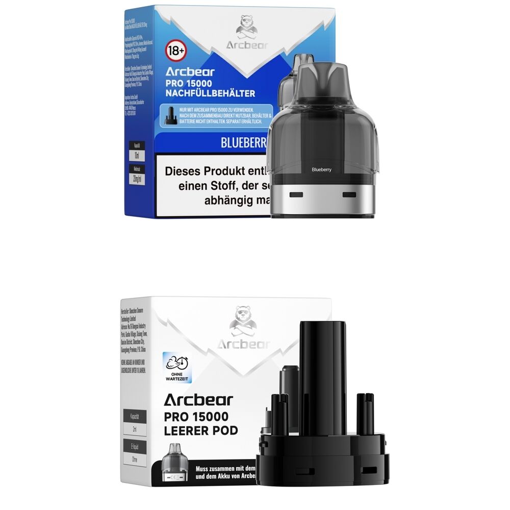 Arcbear Pro 15000 Pods - Blueberry Ice 20mg Zwei Arcbear Pro 15000 Produktverpackungen und Pods, eine beschriftet mit "BLUEBERRY ICE 20mg", die andere leerer Pod.