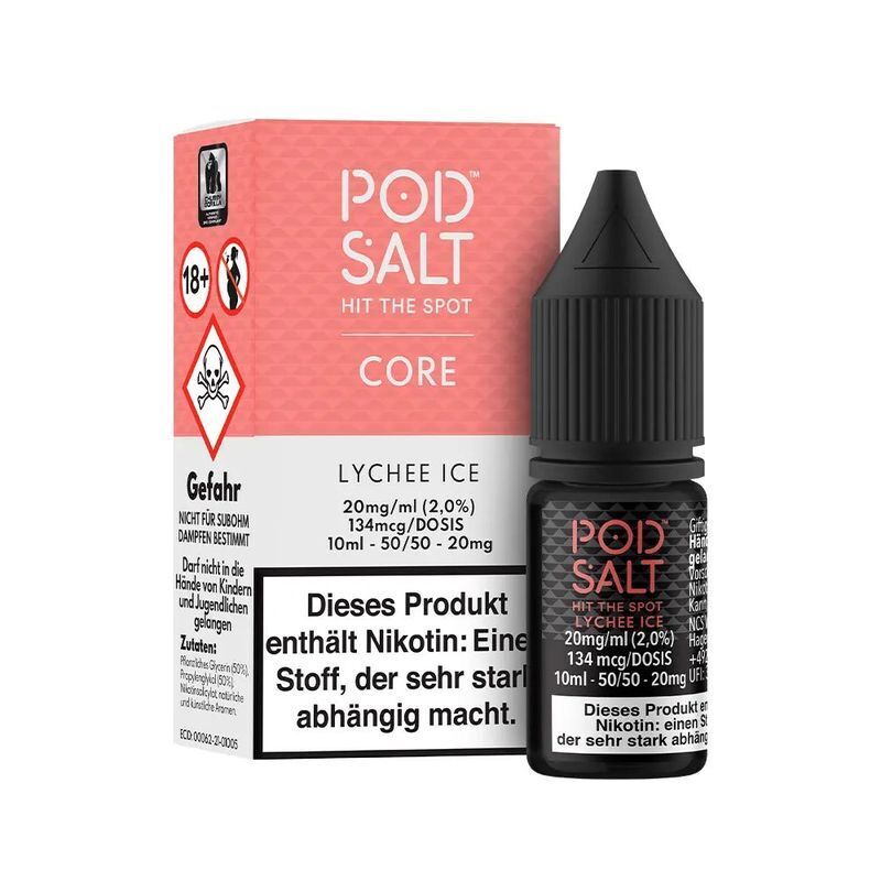 Liquid Lychee Ice mit 20mg Nikotin von Pod Salt Core Pod Salt Core Lychee Ice 20mg Nikotinsalz-Flasche vor Verpackung, Warnhinweise und Dosierung auf beiden sichtbar