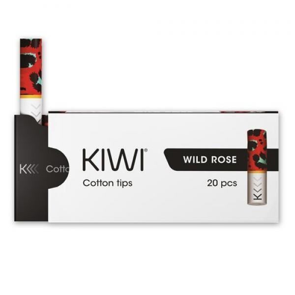 Wild Rose KIWI Filter Tips Wild Rose Verpackung mit 20 Stück, gestaltet mit rotem Muster, sichtbar auf der weißen Packung mit Branding und Beschriftung.