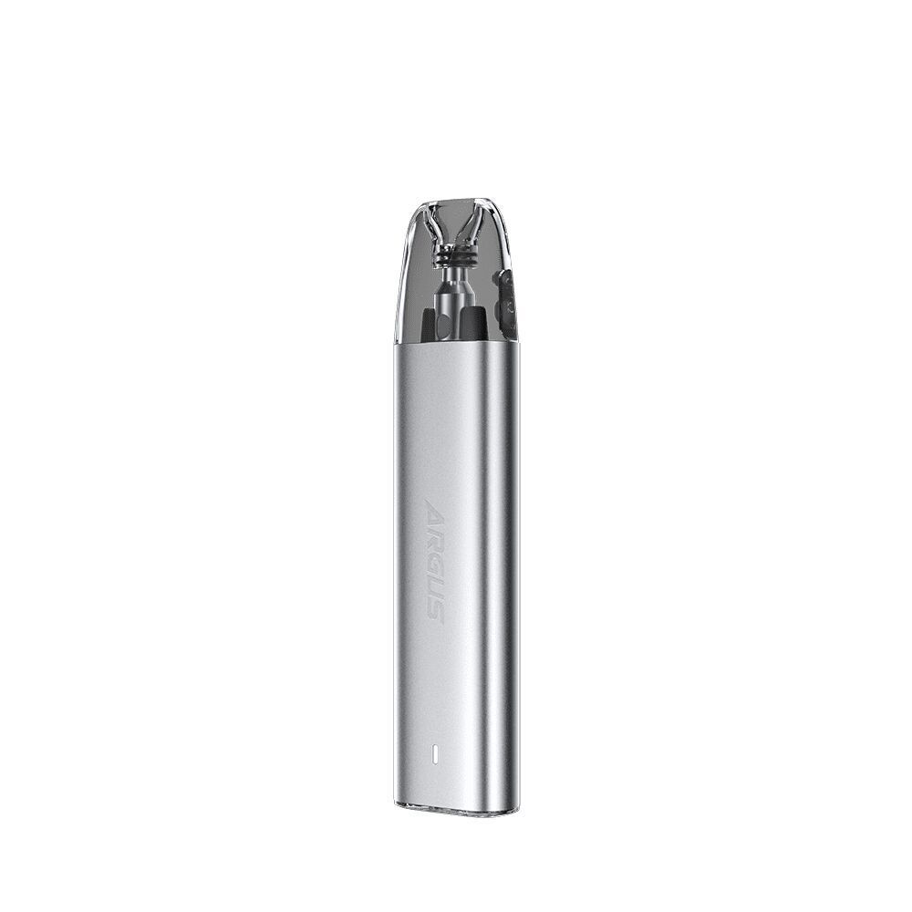 Voopoo Argus G2 Mini Pod Kit - Starry Silver Voopoo Argus G2 Mini Pod Kit in Silber mit transparentem Mundstück, Schriftzug "ARGUS" auf der Vorderseite, schlankes Design