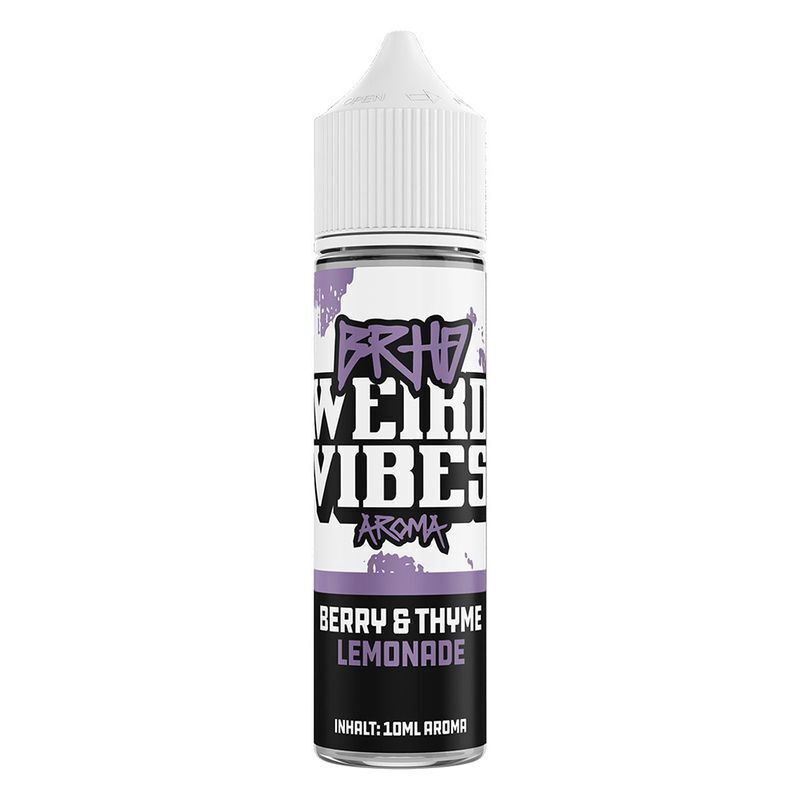 Aroma Berry & Thyme Lemonade von BRHD Weiß-lila Flasche mit der Aufschrift BRHD Weird Vibes Aroma, Berry & Thyme Lemonade, Inhalt: 10 ml Aroma