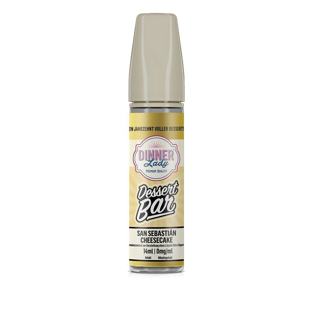 Aroma San Sebastian Cheesecake - Dinner Lady E-Flasche mit gelbem Etikett, Aufschrift "Dinner Lady Dessert Bar San Sebastián Cheesecake", 14ml, 0mg Nikotin