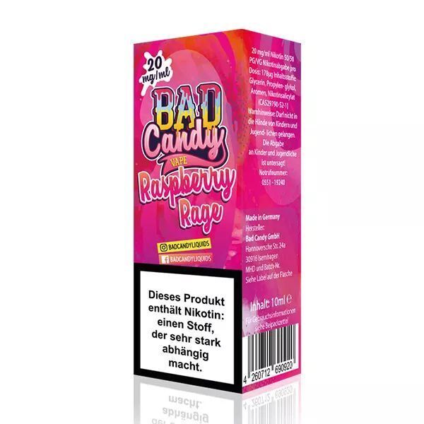 Liquid Raspberry Rage mit 10mg Nikotin von Bad Candy Bunte Verpackung von Bad Candy Nikotinsalz Raspberry Rage 10mg, mit rosa Design und Warnhinweis zu Nikotinabhängigkeit, Inhalt 10ml