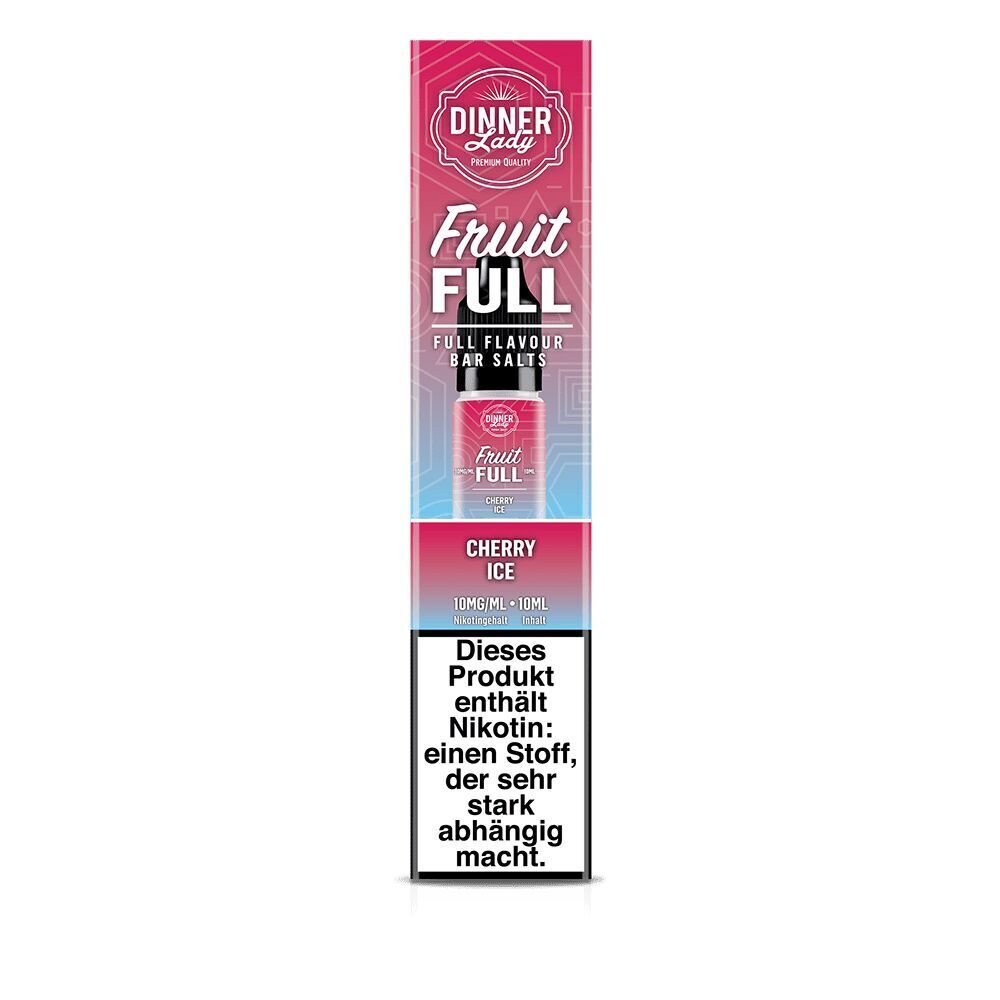 Verpackung von Dinner Lady Fruit Full Nikotinsalz Cherry Ice 10mg, rot-blau gefärbt mit Nikotinwarnung, Produktbild und Branding