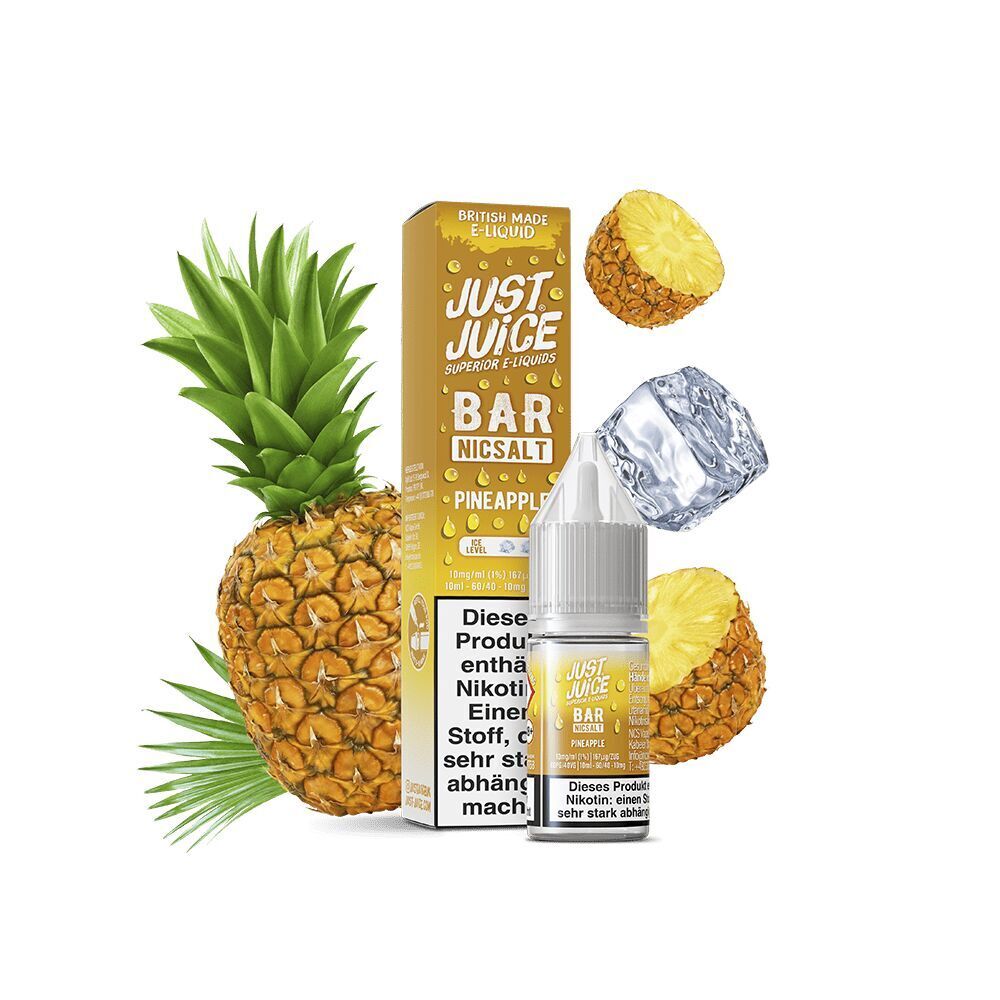 Liquid Pineapple 10mg - Just Juice Just Juice Nicsalt Bar Pineapple mit Ananas, Eiswürfel und Verpackung, enthält Nikotin, das süchtig macht.