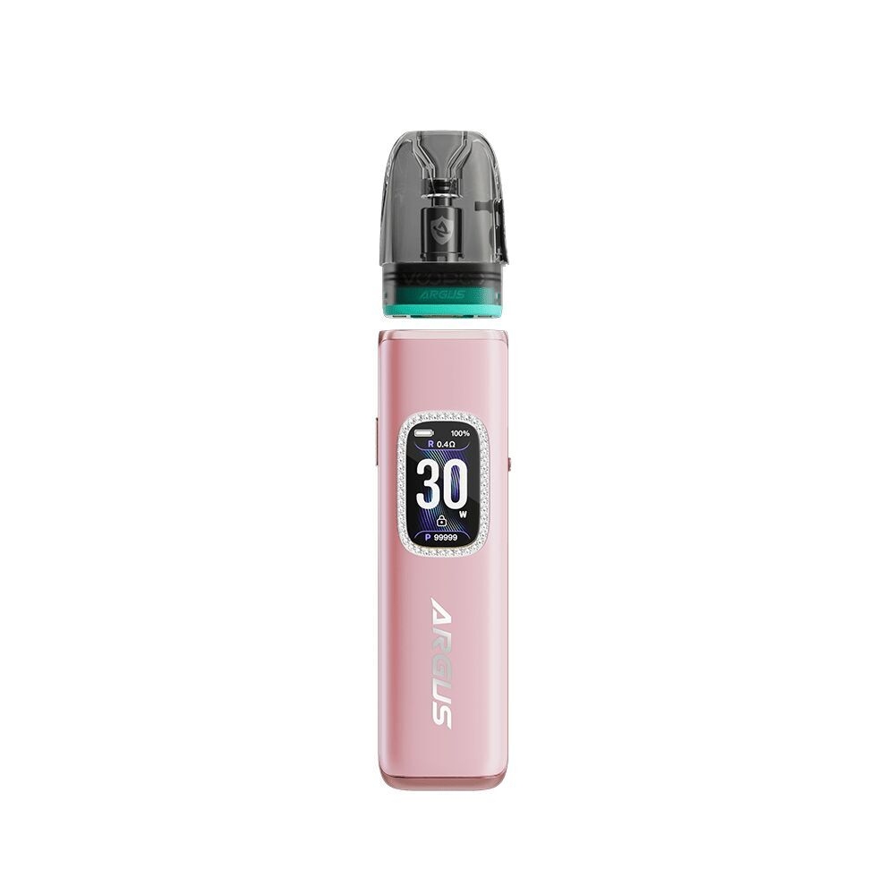 Voopoo Argus G3 Pod Kit in Diamond Pink mit digitalem Display, das 30 W, 0.40Ω und weitere Informationen anzeigt