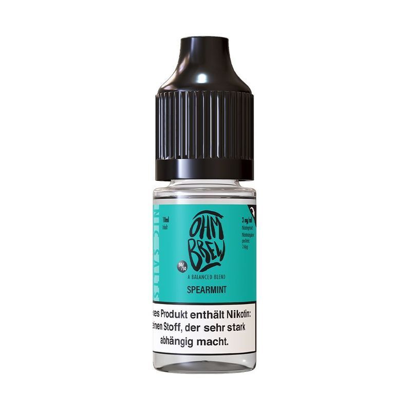 Ohm Brew Nikotinsalz - Spearmint Ohm Brew Nikotinsalz Spearmint-Flasche mit türkisfarbenem Etikett und schwarzem Deckel, Warnhinweis auf enthaltenes Nikotin.