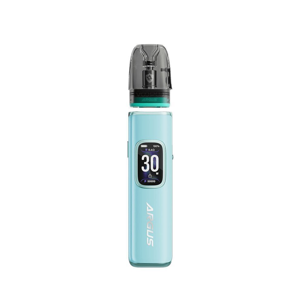 Voopoo Argus G3 Pod Kit - Snow Blue Voopoo Argus G3 Pod Kit in Snow Blue mit einem Display, das 30 Watt anzeigt, und einem abnehmbaren schwarzen Pod auf einem glänzenden Gehäuse.