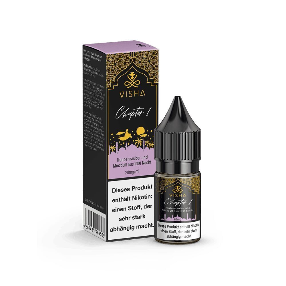 Liquid Chapter 1 - Visha Flasche und Verpackung von Visha Chapter 1 Nikotinsalz mit Traubenzauber- und Minzduft, Warnhinweis aufgrund von Nikotingehalt sichtbar.