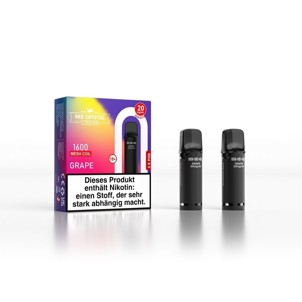 SKE Crystal 800 Pro Pods - Grape Zwei schwarze SKE Crystal Pro Pods Grape 20mg mit Verpackung, Nikotinwarnung und Regenbogendesign im Hintergrund.