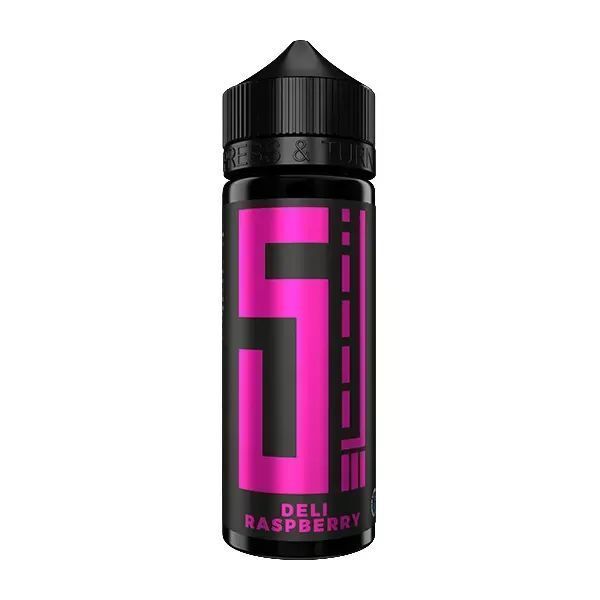 Aroma Deli Raspberry von 5 Elements Schwarze Flasche mit pinkem Aufdruck "5 Elements Aroma - Deli Raspberry", schwarze Kappe