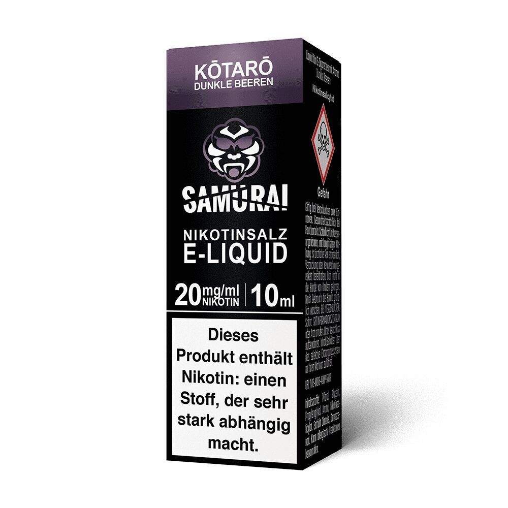 Liquid Kotaro Dunkle Beeren 20mg - Samurai Samurai Nikotinsalz E-Liquid 20mg/ml, Kotaro Dunkle Beeren, 10ml Verpackung mit Warnhinweis über Nikotinsucht und Samurai-Logo.
