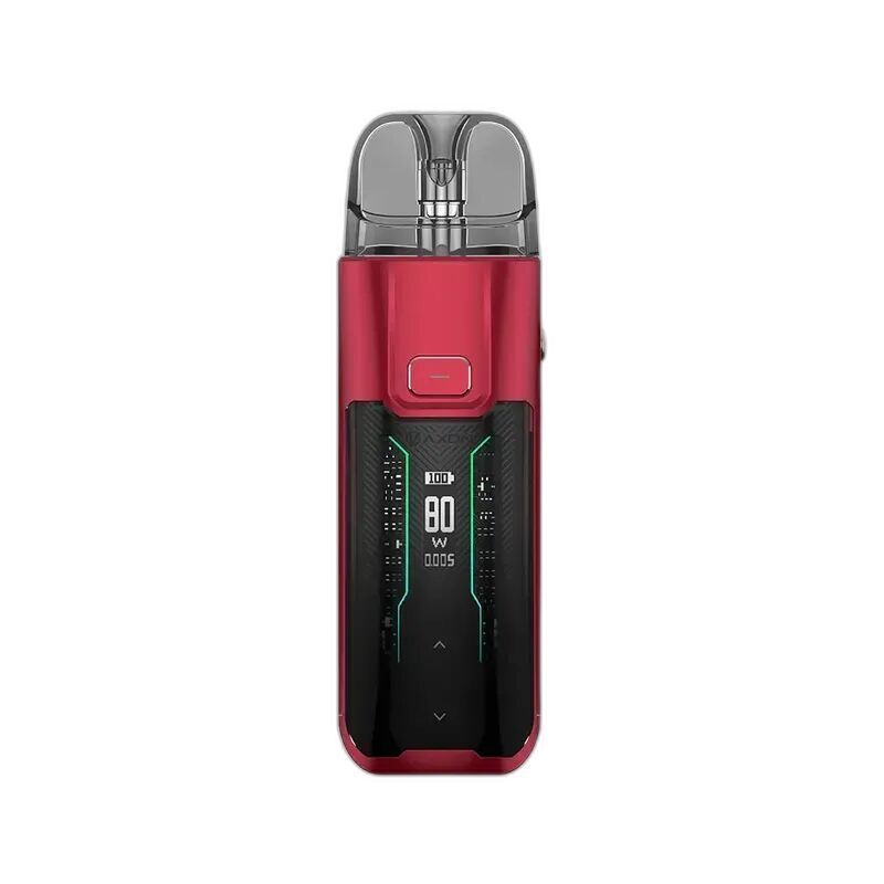 Vaporesso Luxe XR Max Pod Kit Flame Red Vaporesso Luxe XR Max Pod Kit in Flame Red, mit Digitalanzeige auf schwarzem Hintergrund, zeigt Leistungseinstellung von 80 W.