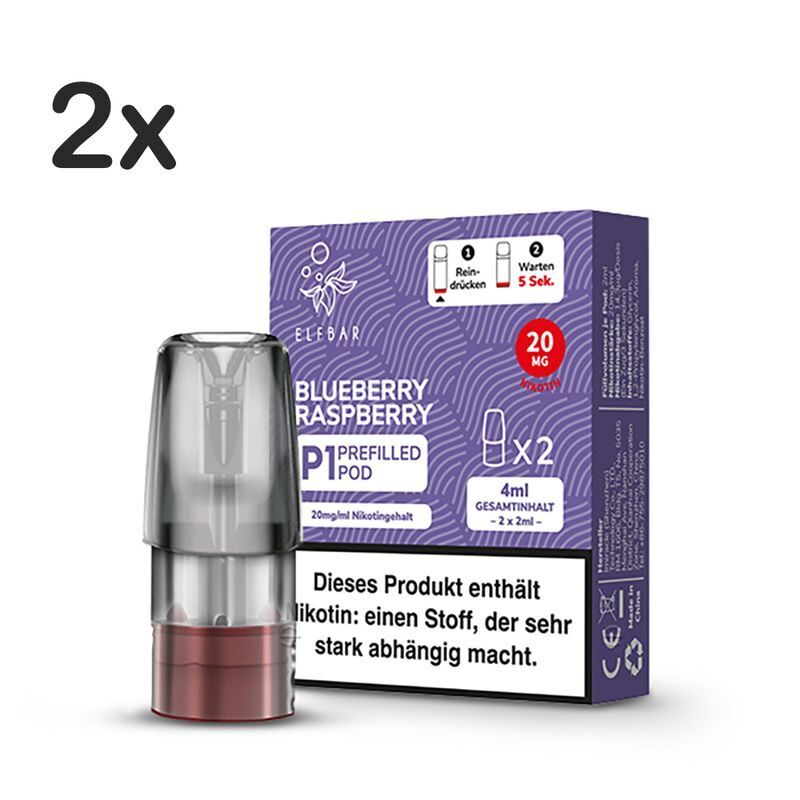 Blueberry Raspberry 20mg - Mate 500 P1 Elfbar Mate 500 P1 Pods Blueberry Raspberry 20mg, zwei Pods je 2 ml, Nikotinhalt 20 mg, Verpackung mit Warnhinweis und Bedienanleitung