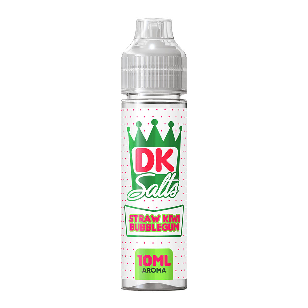 DK308 DK Salts Aroma-Flasche mit grünem Kronenlogo, rotem Schriftzug und pinken Punkten, Geschmacksrichtung Straw Kiwi Bubblegum, 10 ml