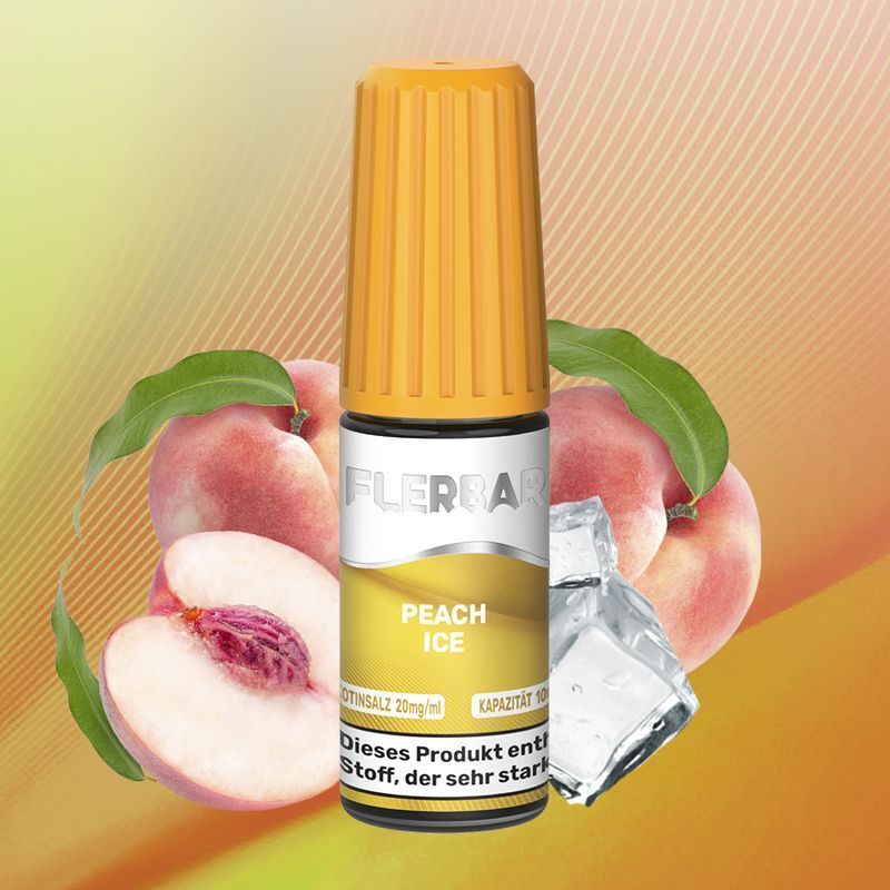 Liquid Peach Ice von Flerbar Flasche Flerbar Nikotinsalz Peach Ice 20mg vor Pfirsichen und Eiswürfeln, gelber Verschluss, Kapazität 10ml, Warnhinweis auf Etikett.