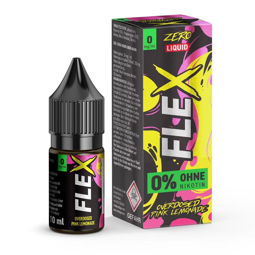 Revoltage Flex Nikotinsalz - Pink Lemonade Flasche und Verpackung des Revoltage Flex Nikotinsalz in Pink Lemonade mit auffälliger, bunter Gestaltung, 0% Nikotin angegeben.