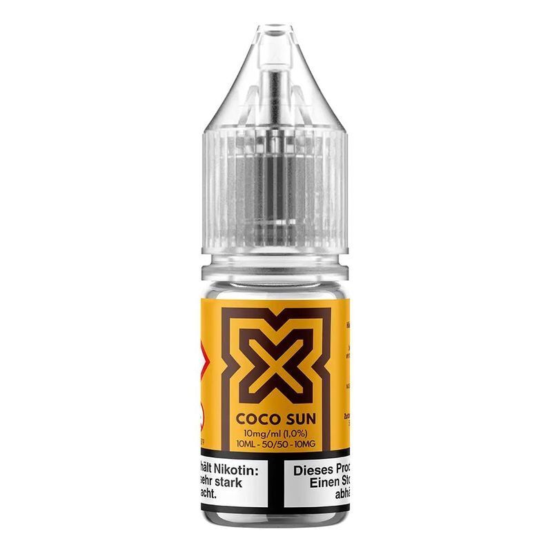 Liquid Coco Sun mit 10mg Nikotin von Pod Salt X Pod Salt X Nikotinsalz Coco Sun 10mg Flasche mit transparentem Verschluss und orange-schwarzem Etikett, enthält Warnhinweis bezüglich Nikotin