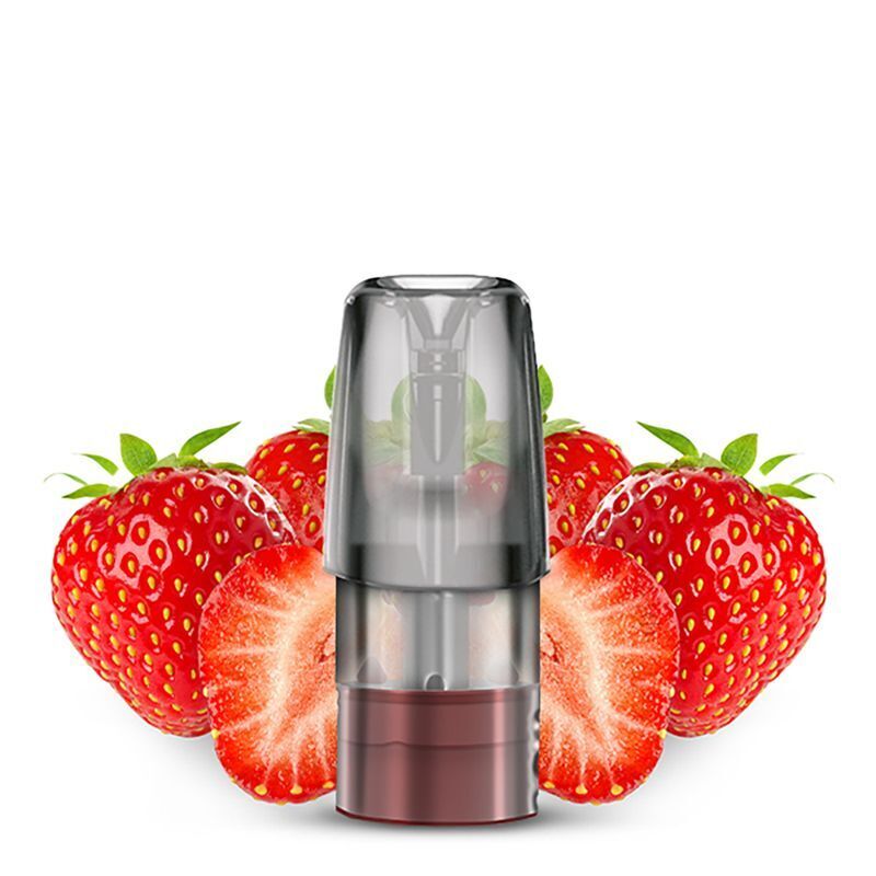 Strawberry 20mg - Mate 500 P1 Elfbar Mate 500 Pod mit klarer Hülle, flankiert von frischen, roten Erdbeeren, teilweise aufgeschnitten, auf weißem Hintergrund