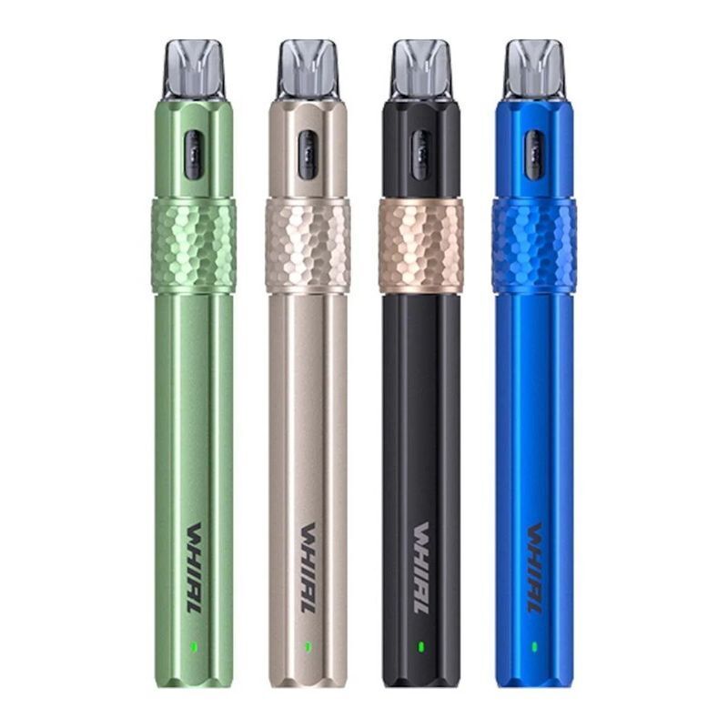 Uwell Whirl F Pod Kit Uwell Whirl F Pod Kit in vier Farben: Grün, Silber, Schwarz und Blau, mit gemustertem Griff und sichtbarem Logo.