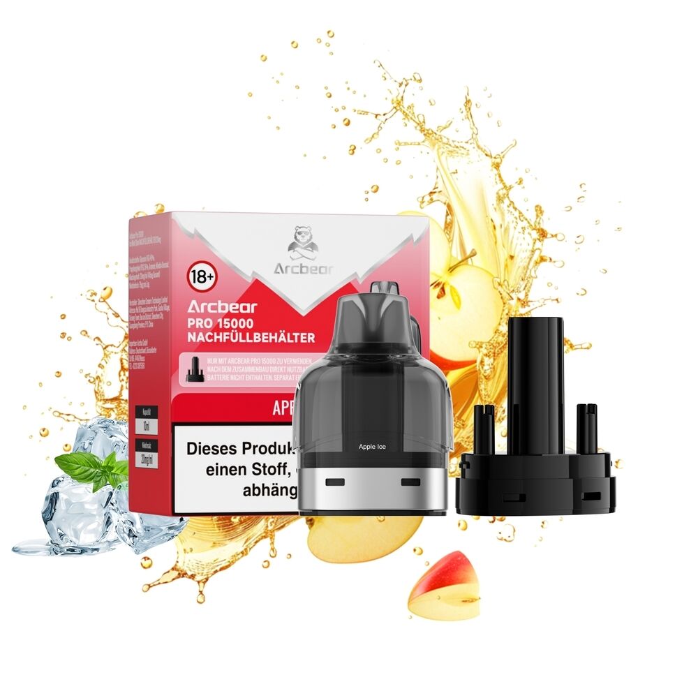 Arcbear Pro 15000 Pods - Apple Ice 20mg Kartonschachtel für Arcbear Pro 15000 Pods - Apple Ice 20mg, Umverpackung mit zwei dunklen Pods, Eiswürfel, Apfel- und Zitronenscheiben im Hintergrund