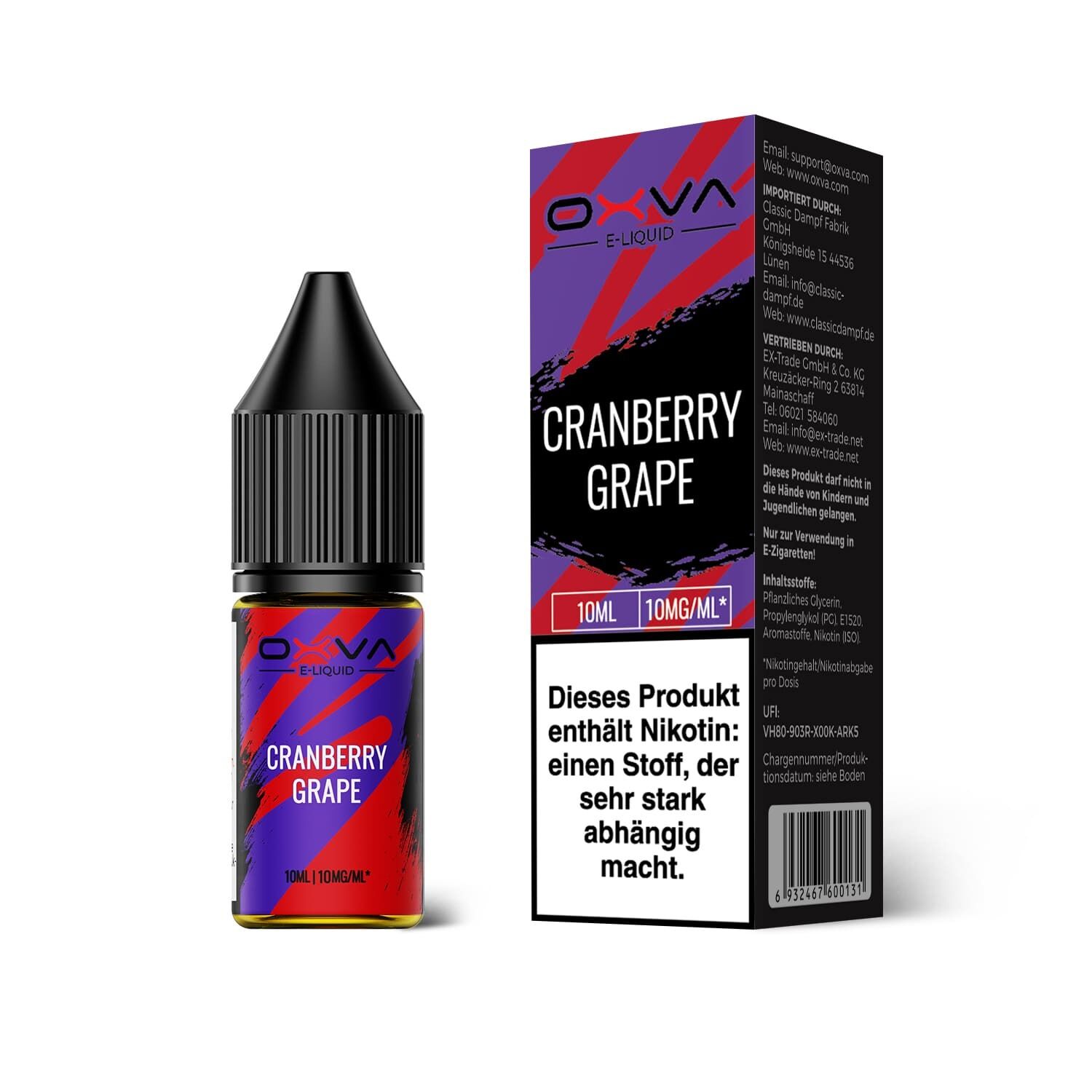 Liquid Cranberry Grape von Oxva Oxva E-Liquid-Flasche und Verpackung mit Cranberry Grape-Geschmack, 10ml, 10mg/ml, Nikotinhinweis auf dem Etikett und der Box sichtbar.
