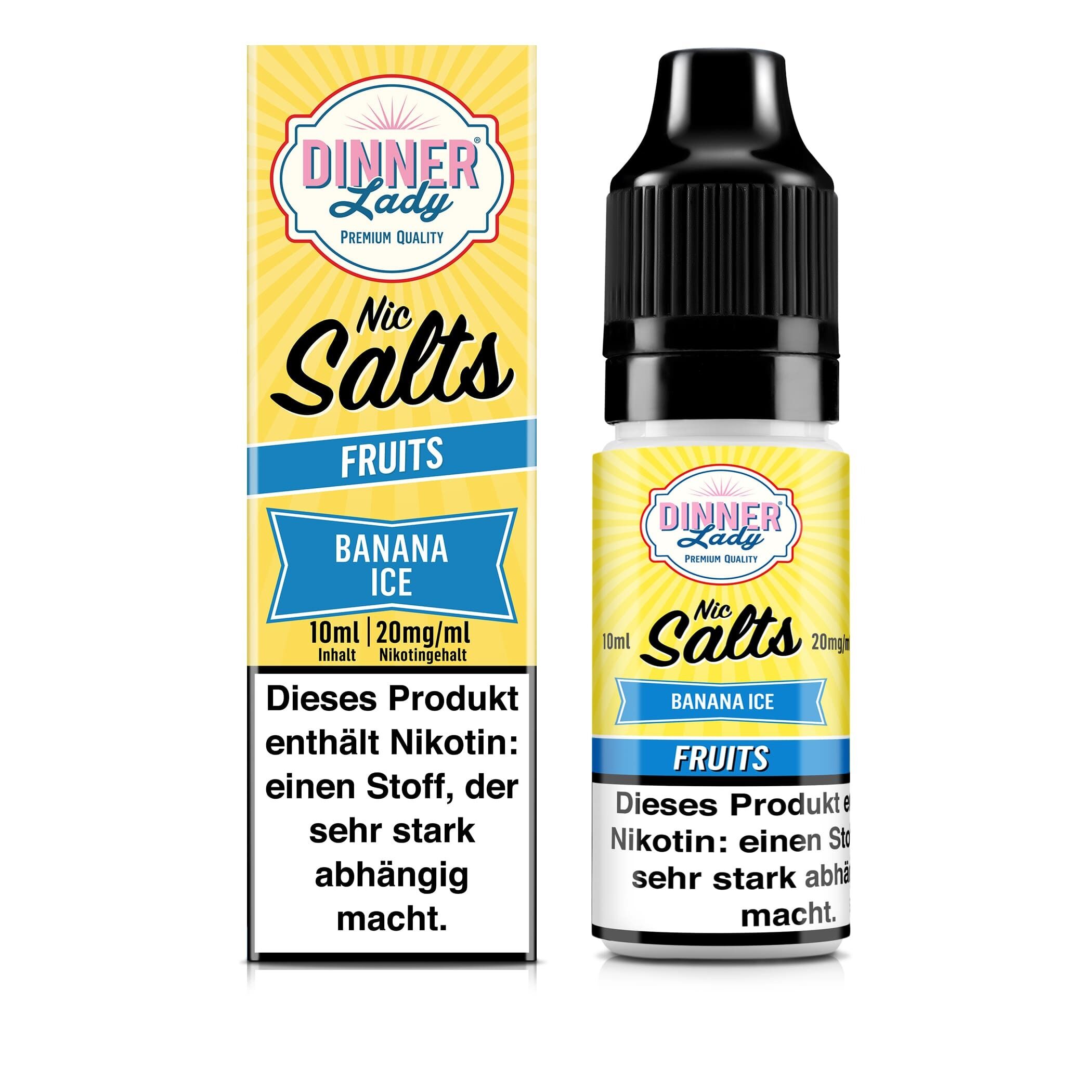 Liquid Banana Ice von Dinner Lady Dinner Lady Nikotinsalz Banana Ice, gelbes Etikett, schwarze Kappe, textlich mit Nikotinwarnung versehen, 10 ml Inhalt, 20 mg Nikotingehalt