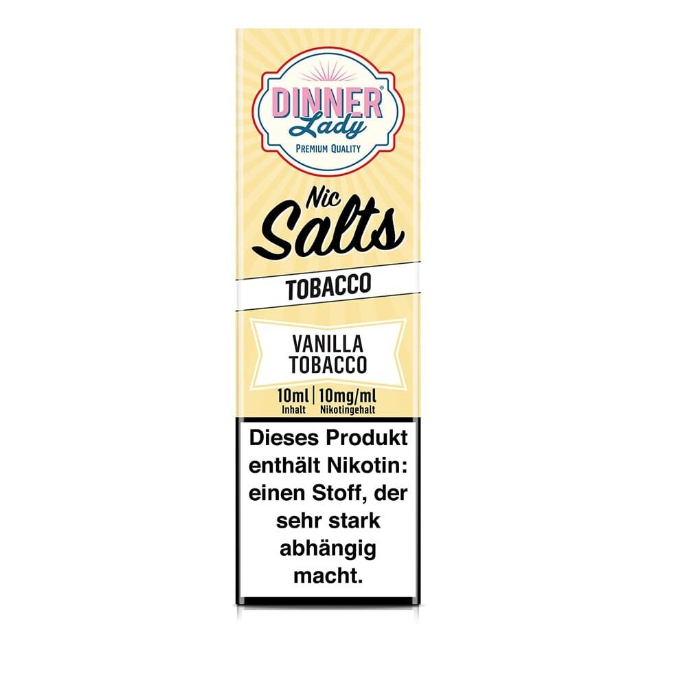 Dinner Lady Nikotinsalz-Packung mit Aufschrift Vanilla Tobacco, 10mg Nikotin, enthält Warnhinweis über Nikotinsuchtgefahr