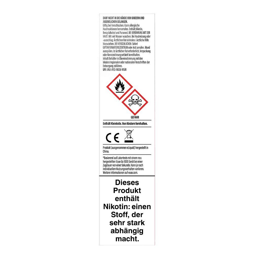 Berry Blend 20mg - Vuse GO 1000 Einweg Warnhinweise auf der Rückseite von Vuse GO 1000 Berry Blend 20mg mit Gefahrensymbolen und Text über Nikotinsucht.