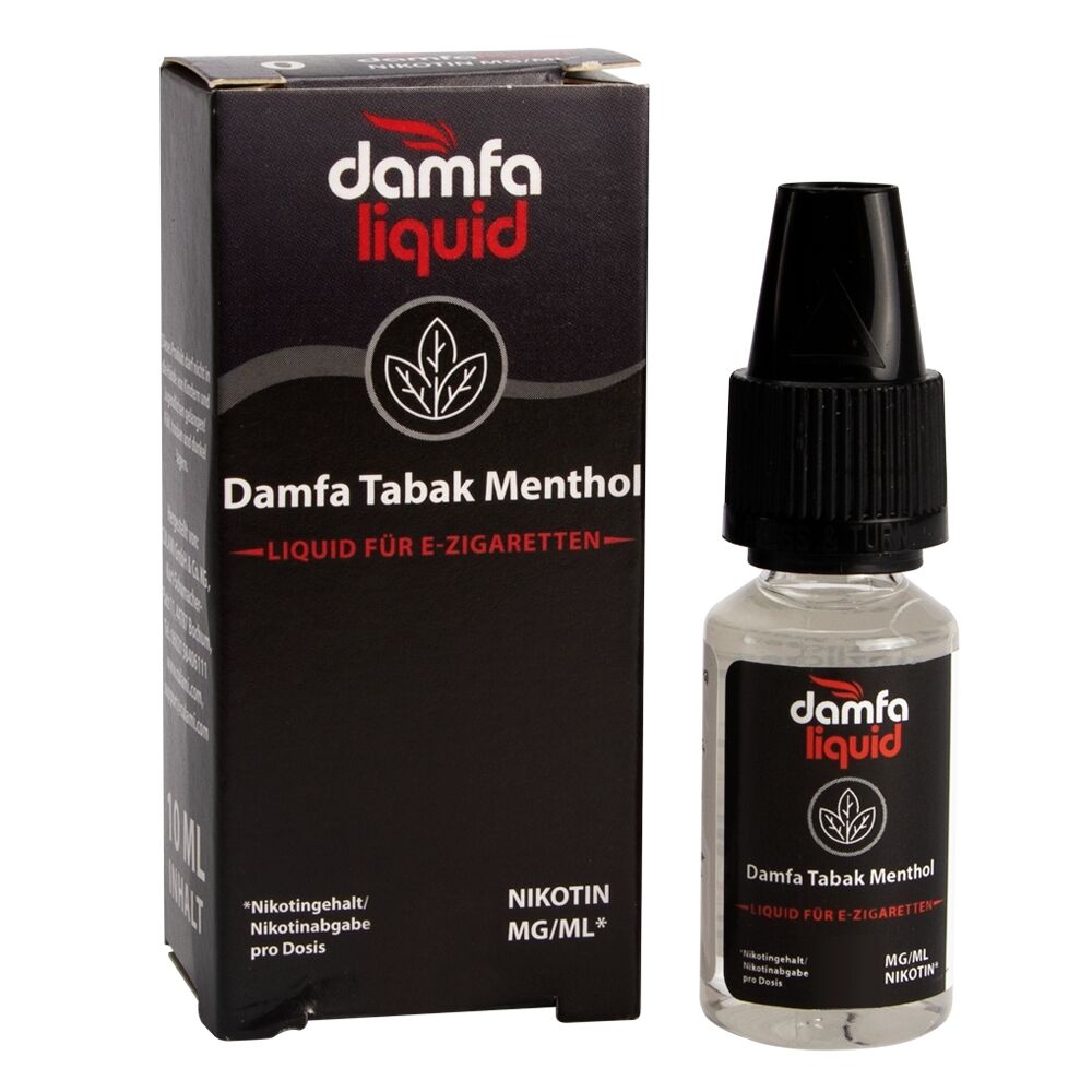 Liquid Damfaliquid Tabak Menthol 12mg - Damfaliquid E-Liquid-Set mit einer Flasche Damfa Tabak Menthol für E-Zigaretten, schwarzes Design mit weißem Schriftzug und Blatt-Logo.