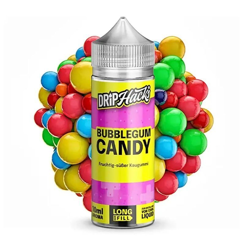 Aroma Bubblegum Candy von Drip Hacks Drip Hacks Aroma - Bubblegum Candy Flasche umgeben von bunten Kugeln, mit gelbem Etikett und Text "Fruchtig-süßer Kaugummi"