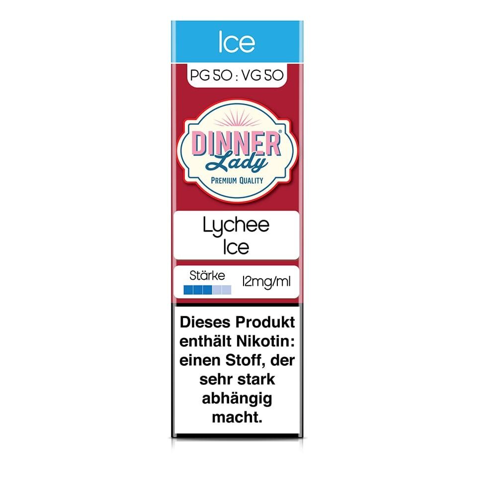 Dinner Lady Lychee Ice Liquidpackung mit Nikotinwarnung, Stärke 12mg/ml, PG 50: VG 50, blau-rote Verpackung.