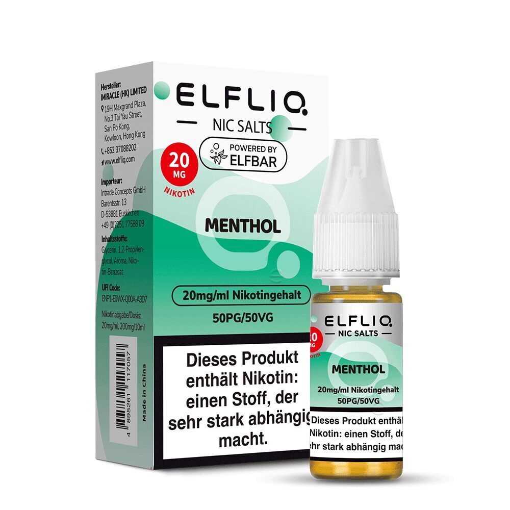 Elfliq Nikotinsalz - Menthol 20mg Elfliq Nikotinsalz 20mg Mentholflasche und Verpackung mit Warnhinweis über Nikotinabhängigkeit, grünes Design und Logo sichtbar.