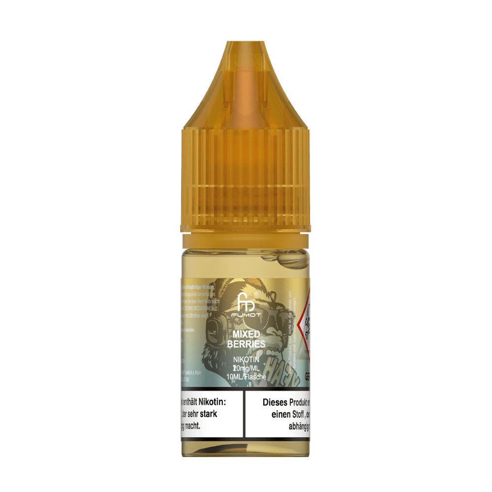 RNM107 Flasche RandM Tornado Nikotinsalz Liquid Mixed Berries 10mg, goldener Verschluss, Etikett mit Affenmuster und Warnhinweisen