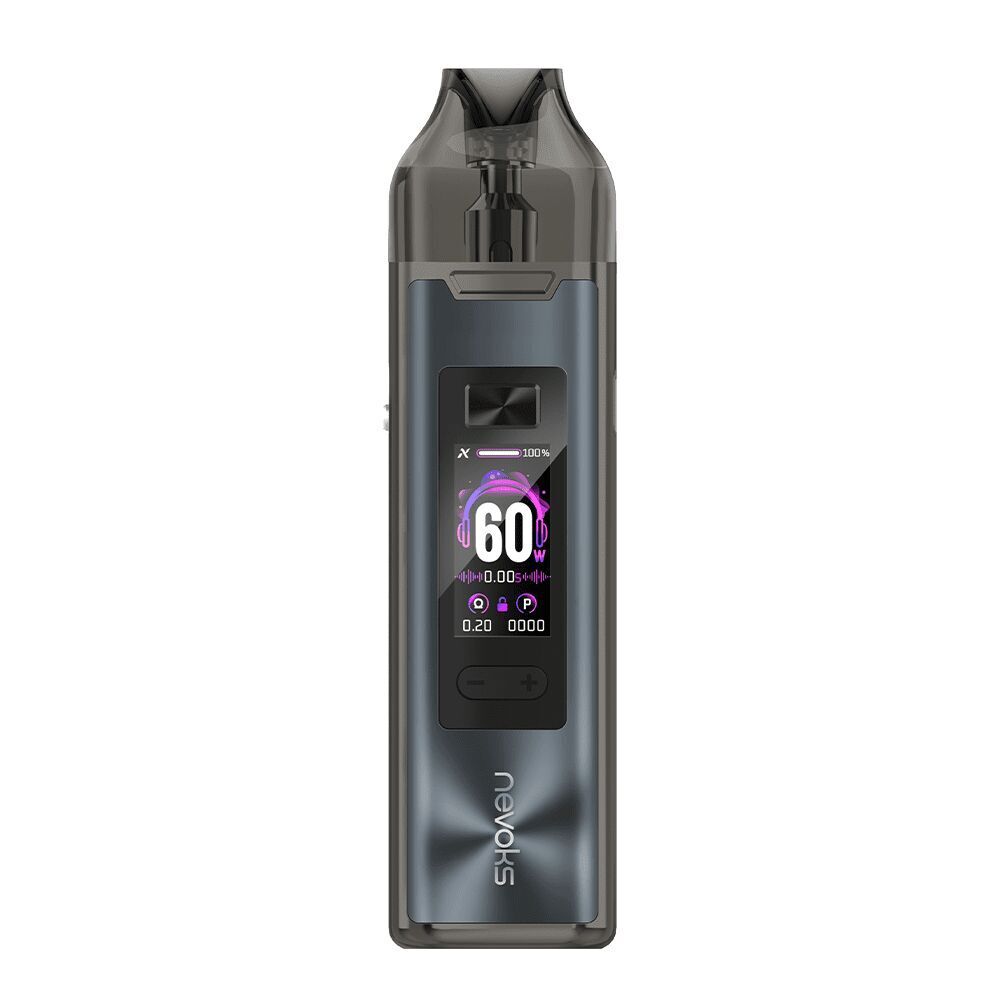 Nevoks Feelin XR Pro Pod Kit in Glory Black mit Display, das 60 Watt und verschiedene Statistiken zeigt, Markenname unten sichtbar