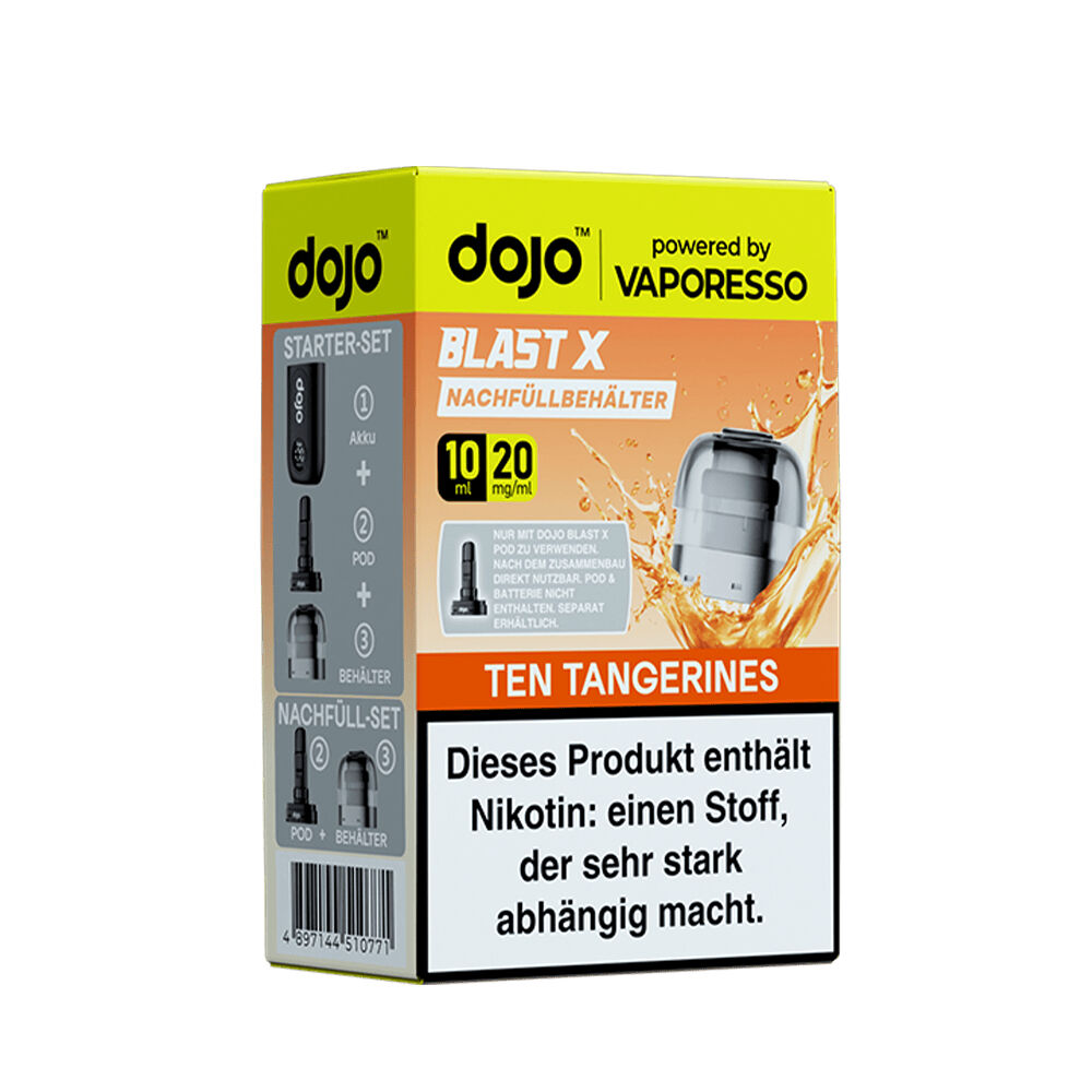 Vaporesso Dojo Blast X Pods - 20mg Nikotinsalz Verpackung von Dojo Blast X Pods mit 10ml und 20mg Nikotin, Label "Ten Tangerines", Warnhinweis zur Nikotinsuchtgefahr sichtbar.