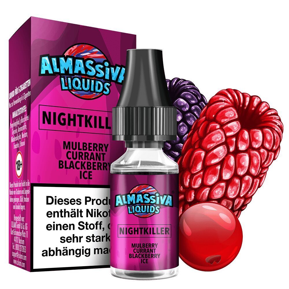 Liquid Nightkiller von Al Massiva Al Massiva Nikotinsalz Nightkiller Flasche und Verpackung mit Beeren und einem roten Bonbon im Hintergrund, Text: Mulberry Currant Blackberry Ice.