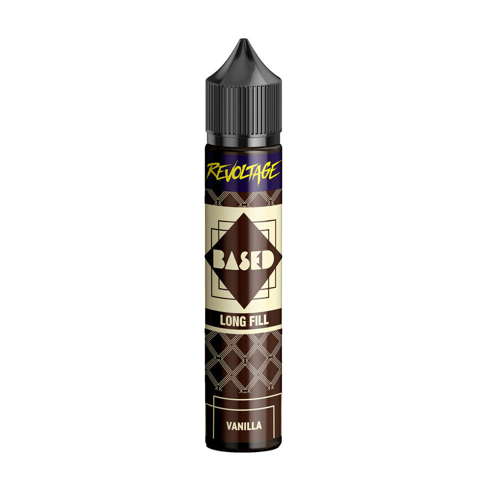 revoltage-based-longfill-aroma-vanilla Revoltage Based Longfill Aroma Flasche mit Vanille-Geschmack, braun-beiges Design, schwarzer Verschluss, Aufschrift "Long Fill" und "Vanilla"