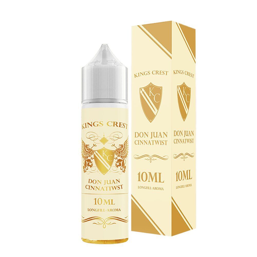 Kings Crest Aroma - Don Juan Cinnatwist Kings Crest Aroma Don Juan Cinnatwist Flasche neben Verpackung, 10 ml, mit goldenem Wappen und Schriftzug auf cremeweißem Hintergrund