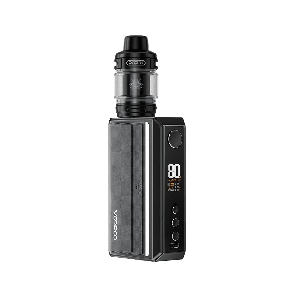 Voopoo Drag 5 Kit - Black, E-Zigarette mit schwarzem Gehäuse, sichtbare Leistungsanzeige bei 80 Watt und drei Tasten auf der Vorderseite